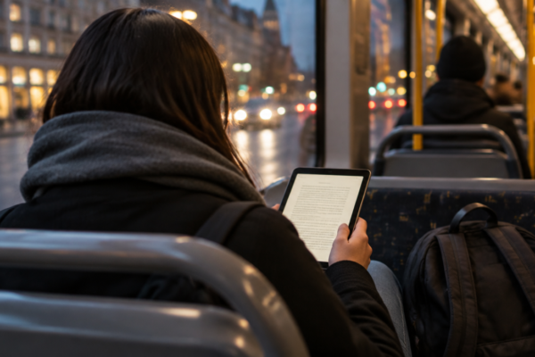 Tabletă ținută în mâini, văzută din spate, pe un scaun de tramvai, cu luminile estompate ale orașului pe geam și un rucsac alături